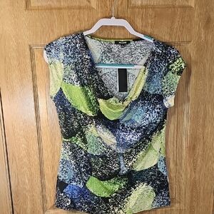Premise Blue and Green Abstract Cowl Neck Blouse